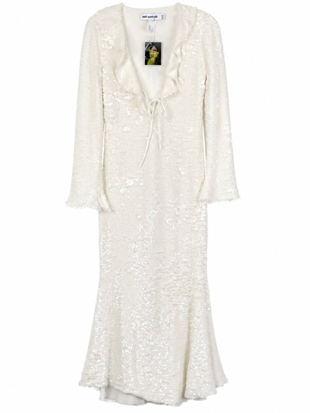 Self-Portrait Cream Sequin Midi Dress, Ruffle Plunge V-Neck